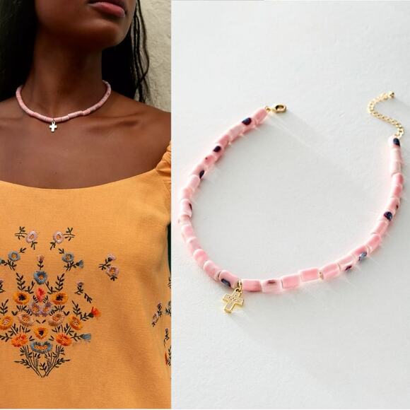 Free People Sincerely Yours Cross Choker Pink NWT Spring Beach Summer Bohemian - Picture 1 of 14